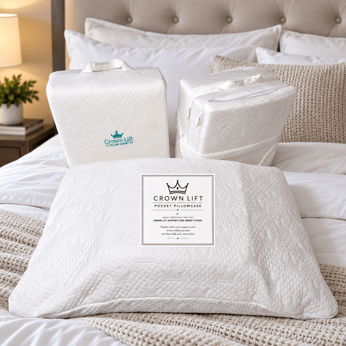 Crown Lift support system and pocket pillowcase displayed on a bed