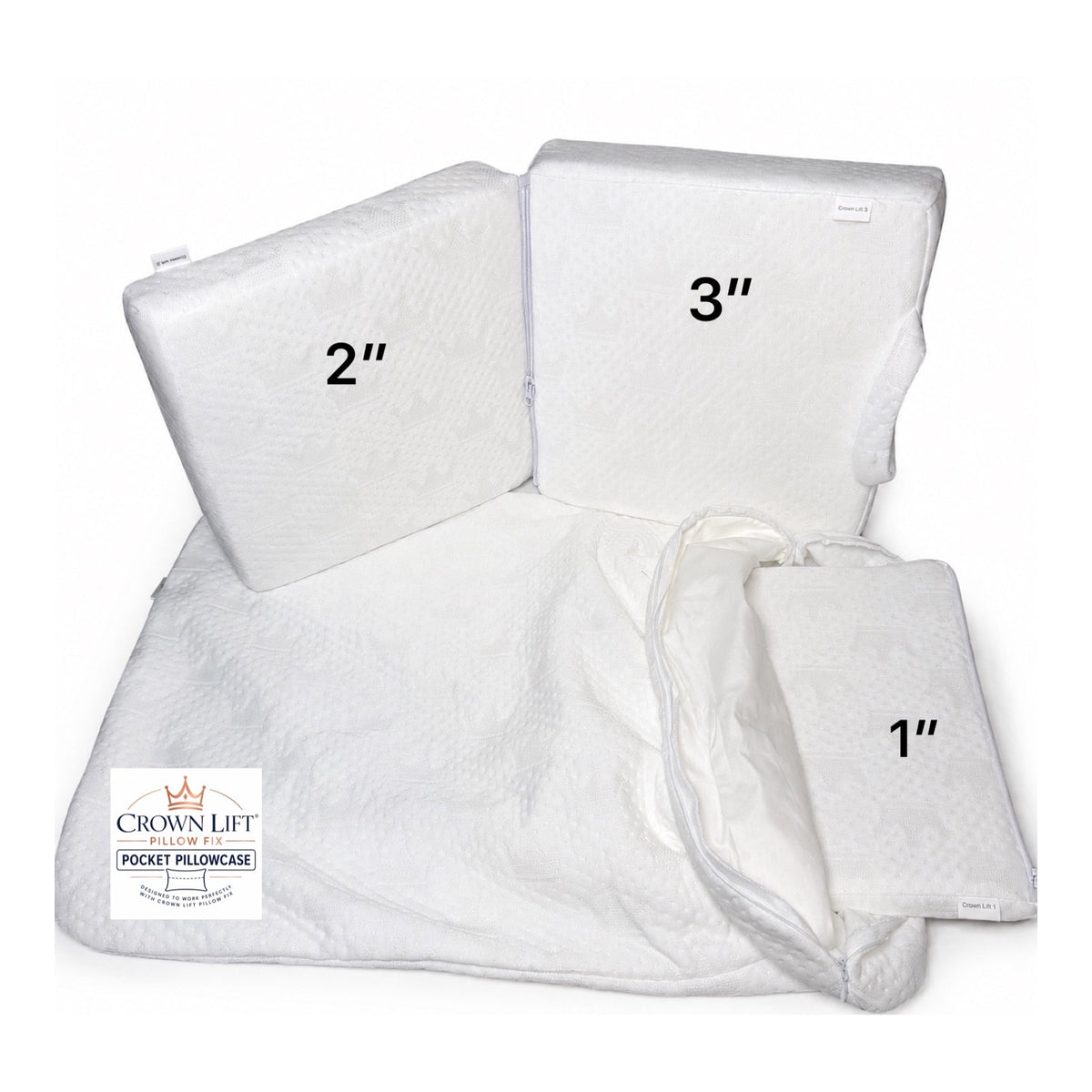 Crown Lift support cores in three heights with the included pocket pillowcase