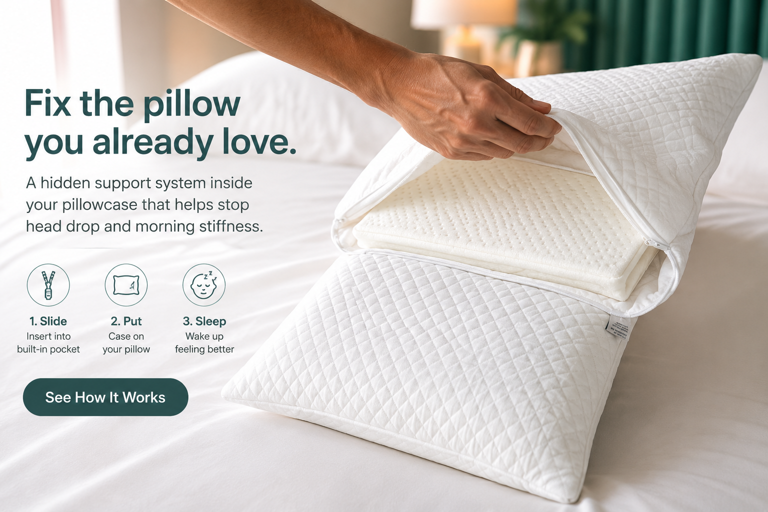 Crown Lift insert sliding into a quilted pillow